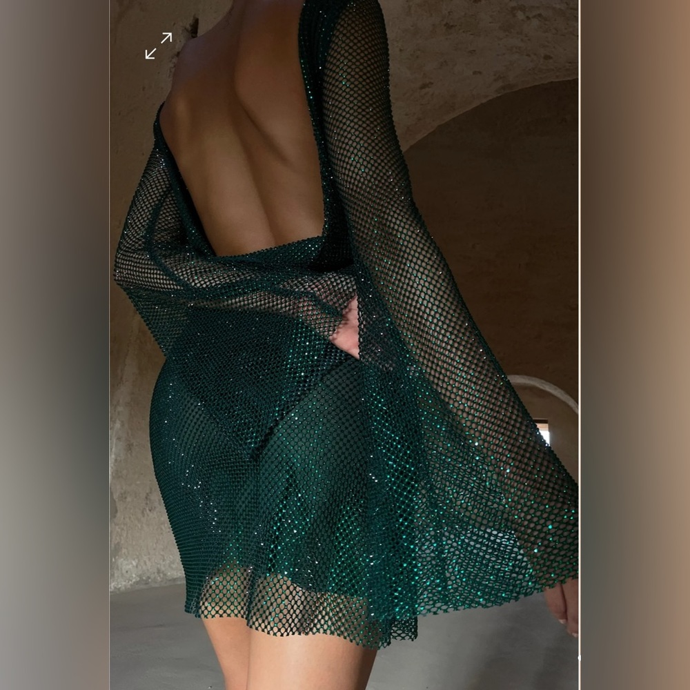 MESHKI - SAMIRA
Flare Sleeve Diamante Mesh Mini Dress - Emerald
